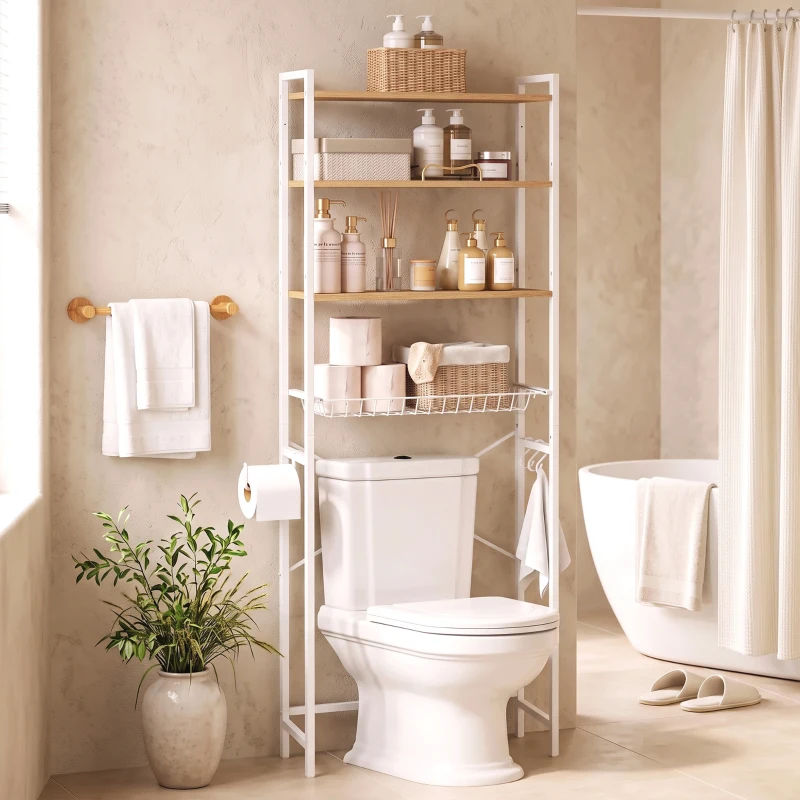 HOMCOM Mobile Sopra WC, Scaffale Salvaspazio 3 Ripiani, Rovere e Bianco