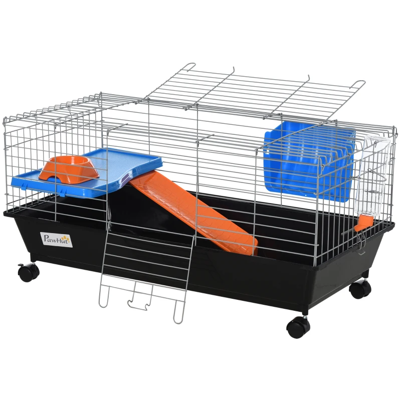 PawHut kooi voor kleine huisdieren knaagdierenkooi op wielen startset met alle accessoires 89 x 44 x 43 cm