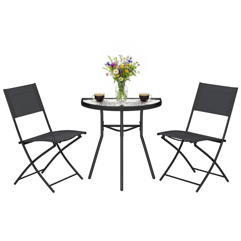 Outsunny Ensemble Bistro d'Extérieur, Mobilier de Patio 3 Pièces avec Chaises Pliantes, Table en Verre Semi-Circulaire, Noir