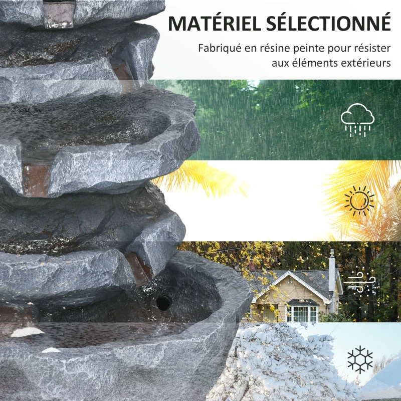 Outsunny Fontaine de jardin à énergie solaire roche en cascade à 5 niveaux en résine avec lumières LED et pompe gris
