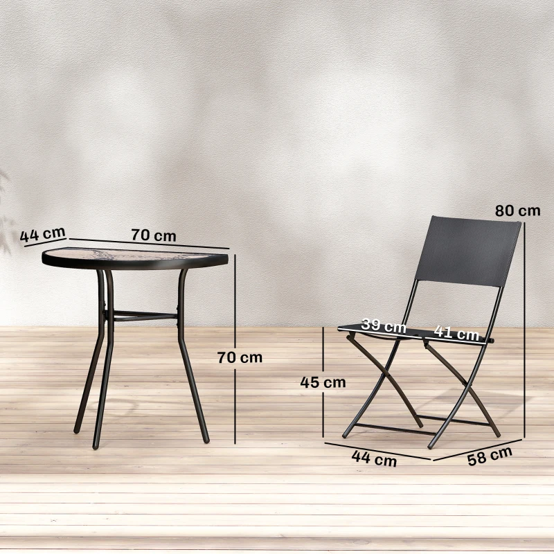 Outsunny Ensemble Bistro d'Extérieur, Mobilier de Patio 3 Pièces avec Chaises Pliantes, Table en Verre Semi-Circulaire, Noir