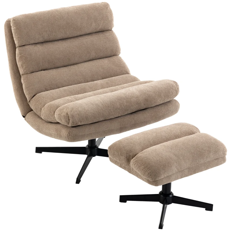 HOMCOM Fauteuil de Salon avec Repose-Pied Réglable, Rotation 360°, Fauteuil d'Appoint Capitonné en Lin, Assise Large, Marron