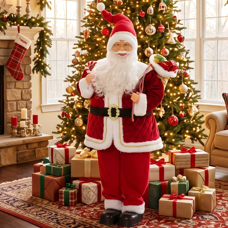 HOMCOM Père Noël Animé Grandeur Nature 120 cm, Décoration Musicale Chantante à Tête Mobile, Activation Sonore, Tactile, Rouge