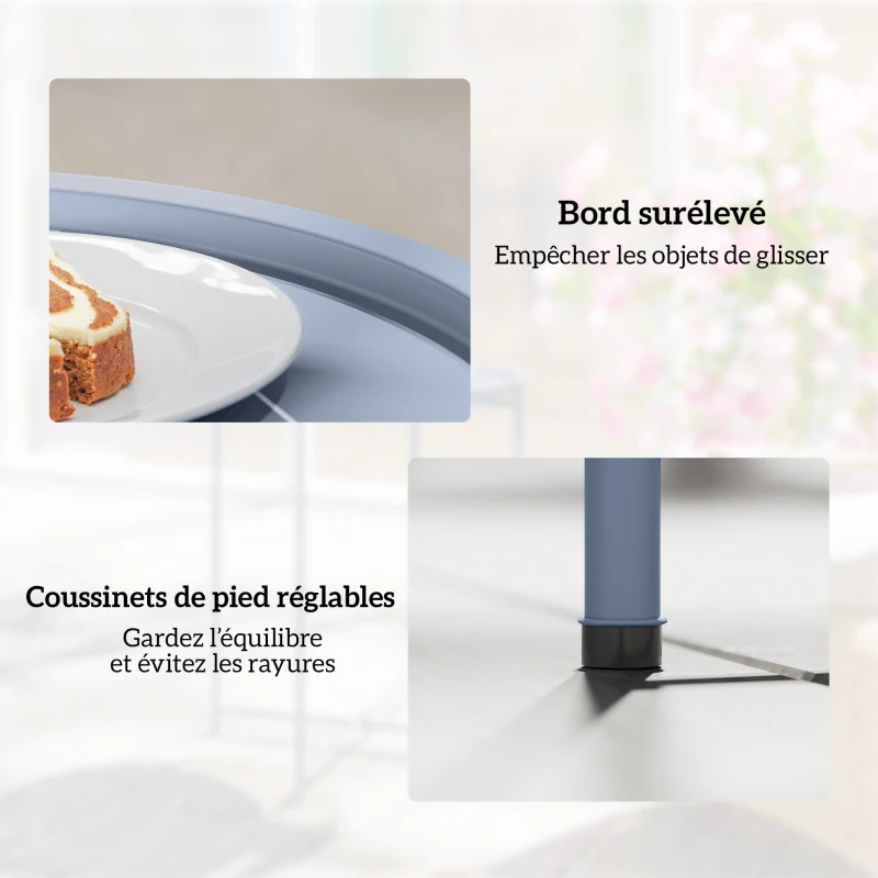 Outsunny Table Basse Ronde Table d'Appoint Plateau Amovible avec Bord Relevé Pieds Pliables en Métal Ø46x53cm Bleu Gris