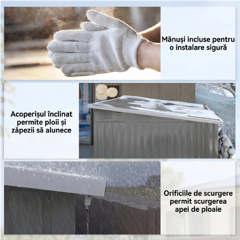 Outsunny Căsuță de grădină 4,13 m² din oțel galvanizat cu kit de fundație, acoperiș înclinat, ușă dublă cu încuietoare, orificii de aerisire, fereastră, gri