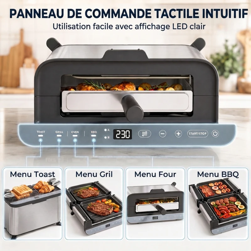 HOMCOM Mini-Four Électrique 3-en-1 1700 W, Grille-Pain à Fente Longue, Gril de Table 4,9L, Écran LED, Minuterie 60 min, Argenté