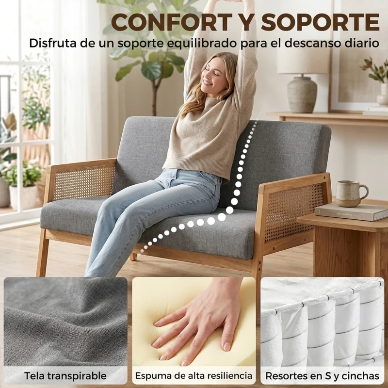 HOMCOM Sofá de 2 Plazas Tapizado en Lino con Detalles Ratán Sintético Estructura de Madera Carga 240 kg 115x77x77 cm Gris