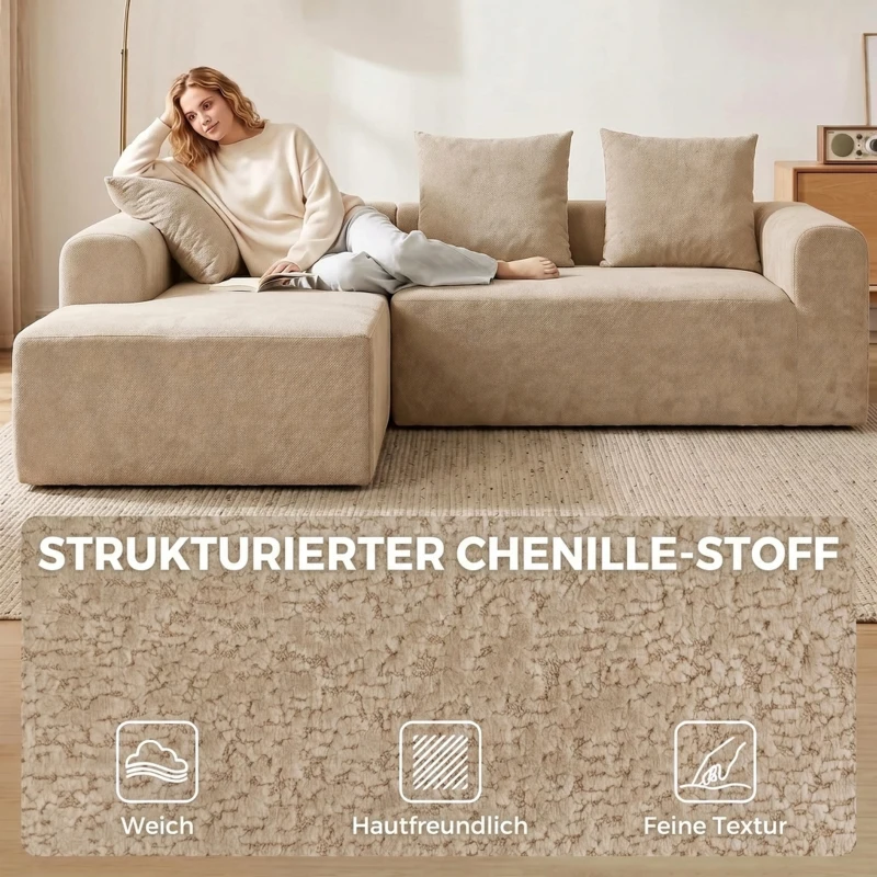 HOMCOM Ecksofa mit Chaiselongue, rahmenloses Cloud-Sofa in L-Form aus Chenille, tiefer Sitz, Taschenfedern, Beige