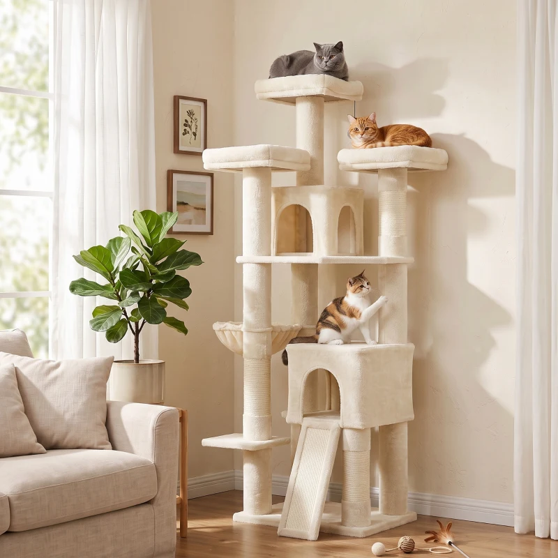 PawHut Grand arbre à griffer 184 cm de haut avec 3 poteaux à griffer, couchages, balle de jeu, hamac, échelle, pour chats de moins de 6 kg