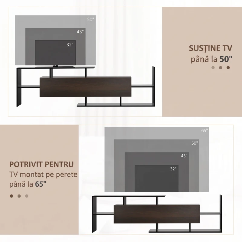 HOMCOM Comodă TV cu Raft de Perete, Polițe Deschise și Dulap, pentru Living și Dormitor, Negru și Maro Închis