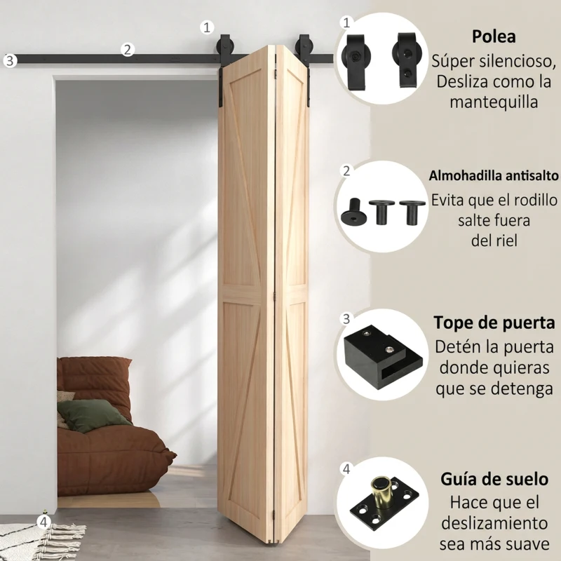 HOMCOM 5FT/152CM Herrajes para Puerta Corredera Plegable para 2 Puertas con Riel para Granero Negro