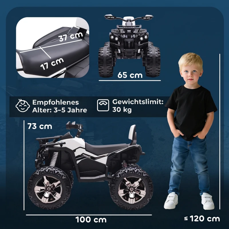 HOMCOM Elektro-Kinderquad, 3-8 km/h, 45 Min. Betriebszeit, LED-Scheinwerfer, Musikplayer mit USB, für Kinder 3 bis 5 Jahre