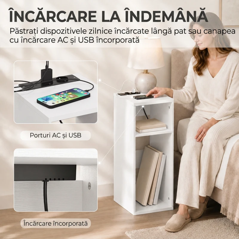 HOMCOM Set de 2 Măsuțe de Cafea Moderne cu 2 Prize AC și 2 Porturi USB, Alb