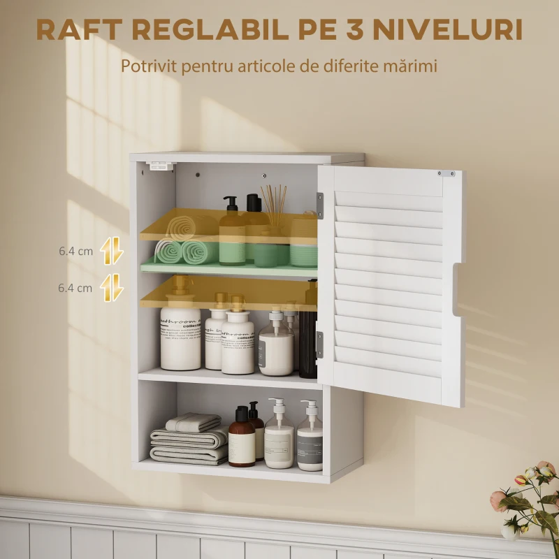 HOMCOM Dulap de baie suspendat, cu raft reglabil și ușă cu închidere lentă, 40x20x60 cm, alb