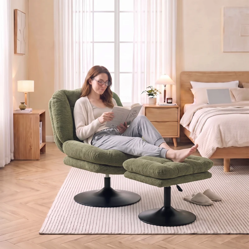 HOMCOM Sillón lounge con reposapiés, giratorio 360°, terciopelo Raindrop, reposapiés regulable en altura, Verde