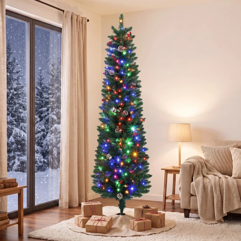 HOMCOM Sapin de Noël Artificiel Crayon 180cm, Pré-éclairé 170 LEDs, 11 Modes, 351 Branches, Télécommande, Base Amovible, Vert