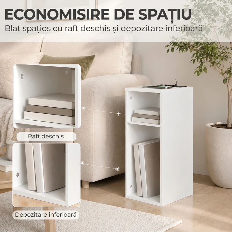 HOMCOM Set de 2 Măsuțe de Cafea Moderne cu 2 Prize AC și 2 Porturi USB, Alb