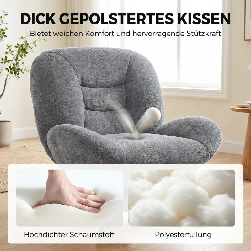 HOMCOM Draaifauteuil met Brede Zitting, Geïntegreerde Armleuningen, Chenille-look, Donkergrijs