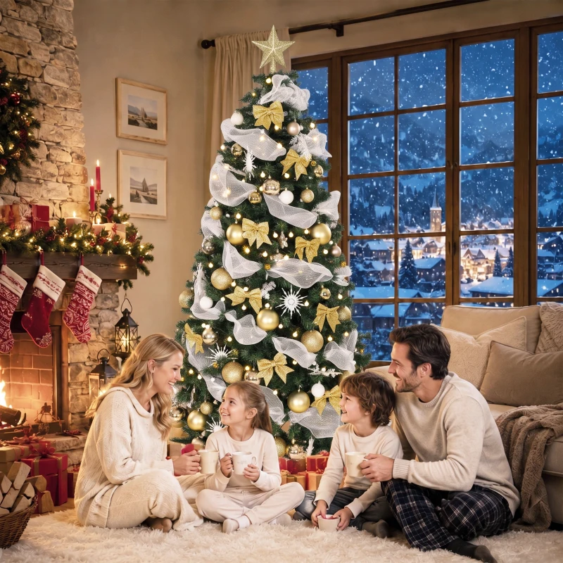 HOMCOM Weihnachtsbaum 230 cm mit 250 LEDs, 1136 Zweige, 8 Modi, Kugeln, Bänder und Schleifen, Fernbedienung und klappbarer Basis, Grün