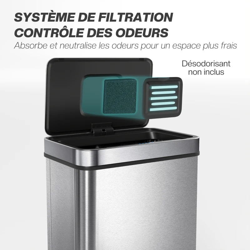 HOMCOM Poubelle à capteur 50 L avec couvercle à fermeture douce, poubelle de cuisine automatique en acier inoxydable, argenté
