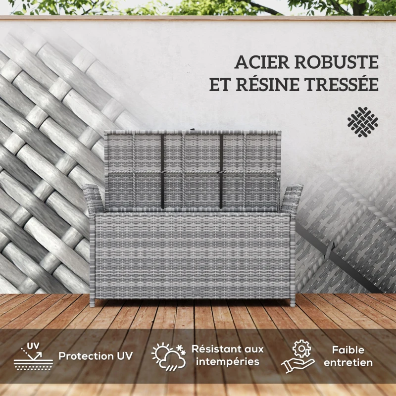 Outsunny Banc coffre de rangement extérieur en résine tressée 250L avec coussin amovible, pour jardin, balcon, blanc