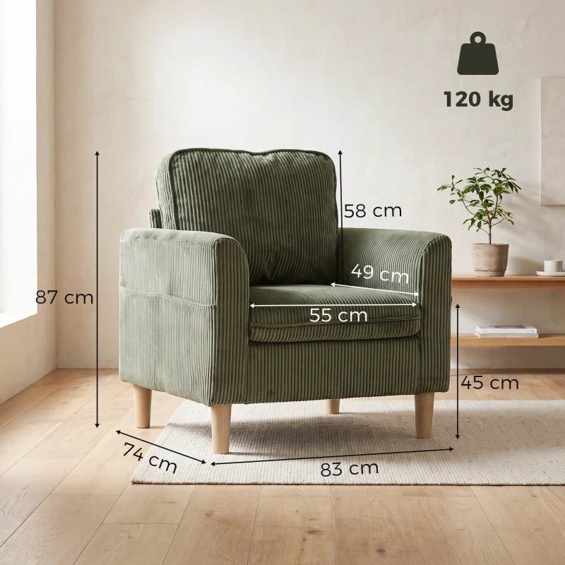 HOMCOM Kordvelours-Wohnzimmersessel, gepolsterter 1-Sitzer mit breiter Sitzfläche und Federkernkissen, 83x74x87cm, Grün