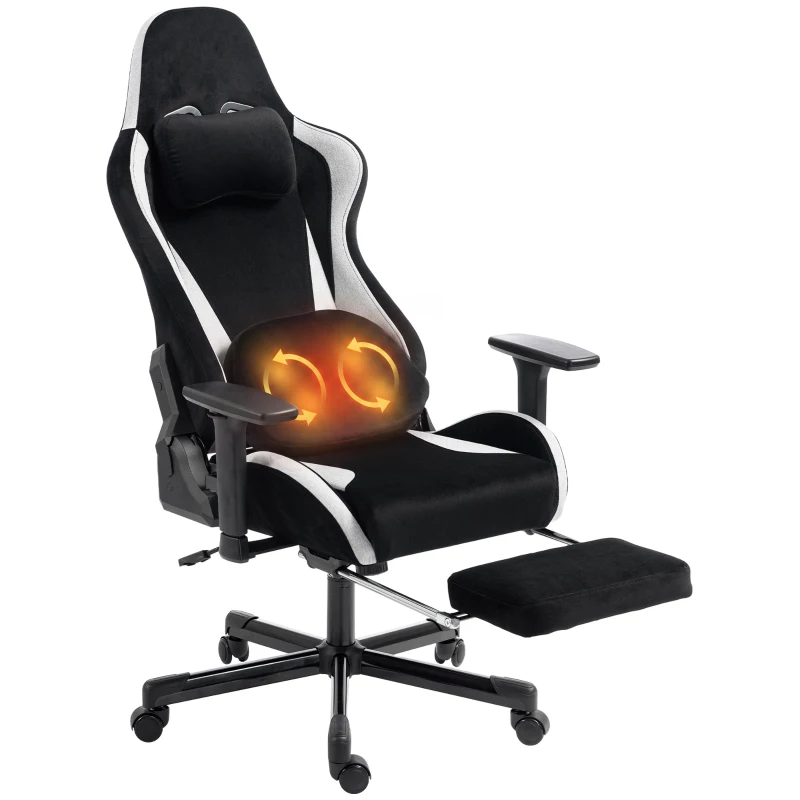 HOMCOM Gaming-Stuhl mit Massage- und beheiztem Lendenkissen, ergonomisch, Leinenoptik, 3D-Armlehnen, Kopfstütze, Schwarz