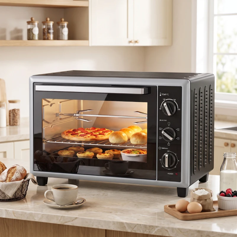 HOMCOM Mini horno de 46 L con asador giratorio, convección, control de temperatura y temporizador, 1800 W, Negro