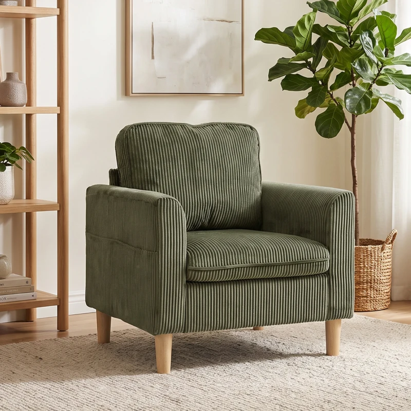HOMCOM Fotoliu de living din catifea cu caneluri, fotoliu 1 loc tapițat cu șezut lat și pernă cu arcuri, 83x74x87cm, Verde
