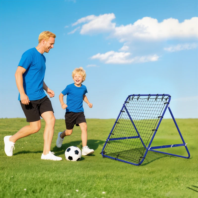 HOMCOM Filet de Rebond Rebondeur de Football en Métal avec Angle Réglable 20 Cordes Élastiques 96x80x96 cm Bleu
