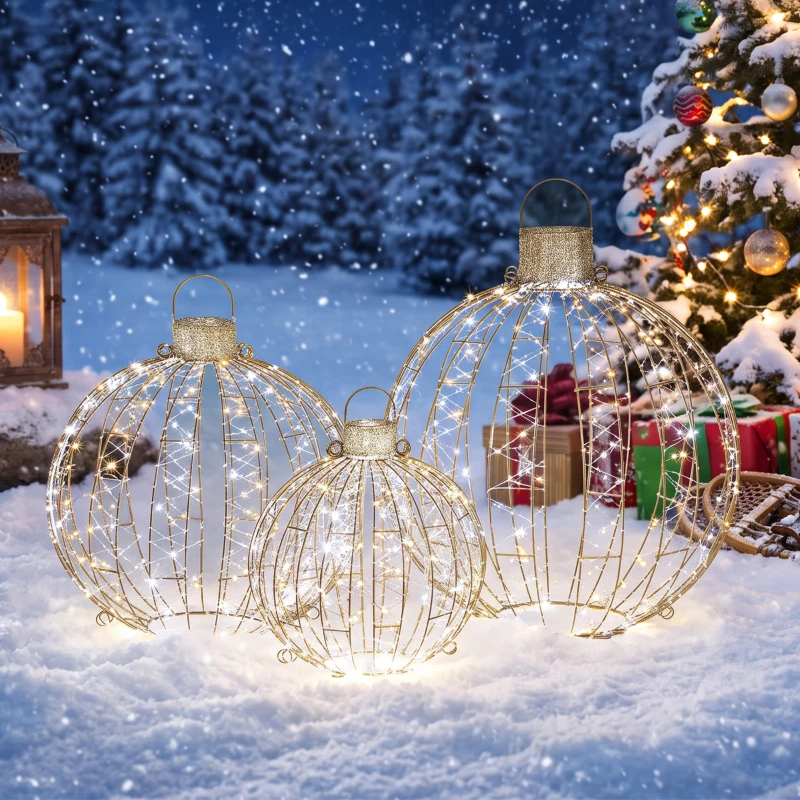 Outsunny 3-delige verlichte kerstbollenset voor buiten, 360 warmwitte/koudwitte leds, continu- en knipperlicht, 24-uurs timer