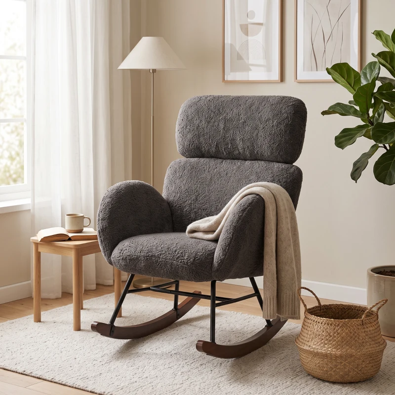 HOMCOM Silla Mecedora de Terciopelo con Reposacabezas Ajustable Acolchado Grueso Patas de Madera Reposabrazos Gris Oscuro