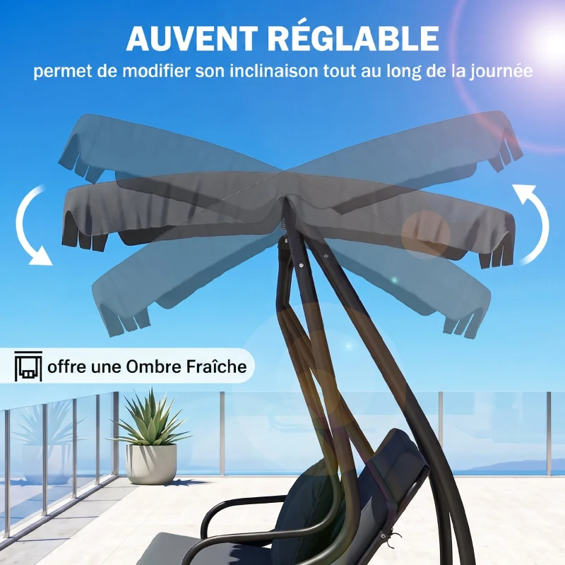 Outsunny Balancelle de jardin 3 places convertible toit inclinaison réglable 2 tablettes 2 x 1,2 x 1,64 m acier gris foncé