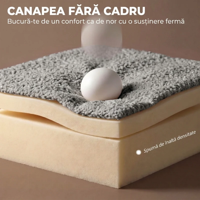 HOMCOM Canapea 3 locuri fără cadru, cu șezut amplu, 6 perne, design curbat, din chenille, gri deschis