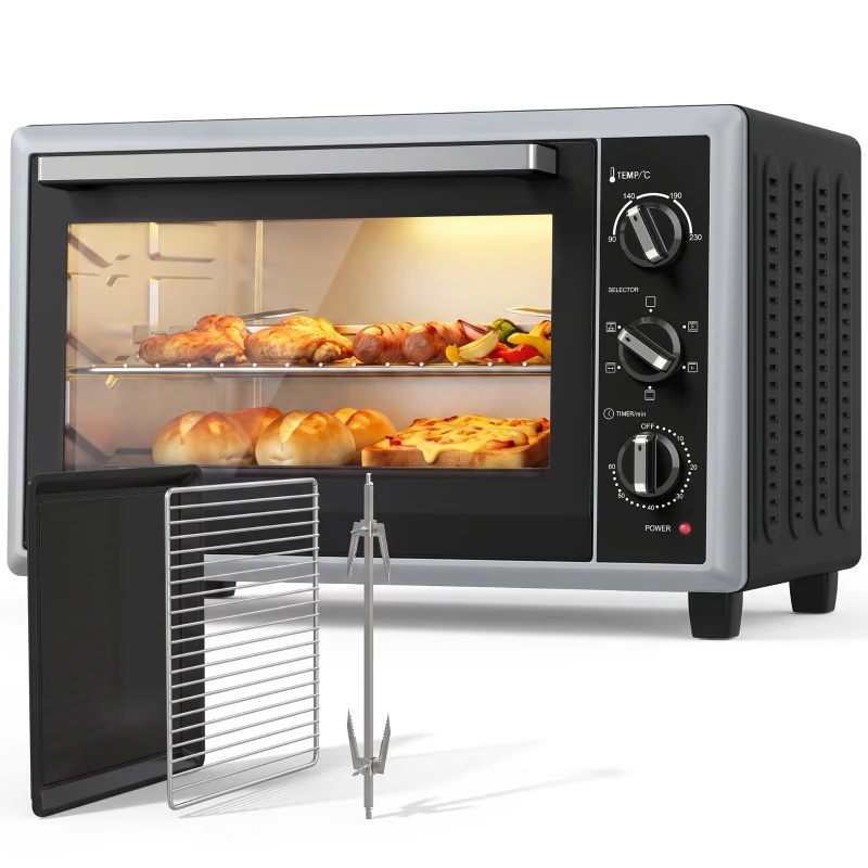 HOMCOM Mini cuptor 46 L cu rotisor, convecție, reglare temperatură și temporizator, 1800 W, Negru