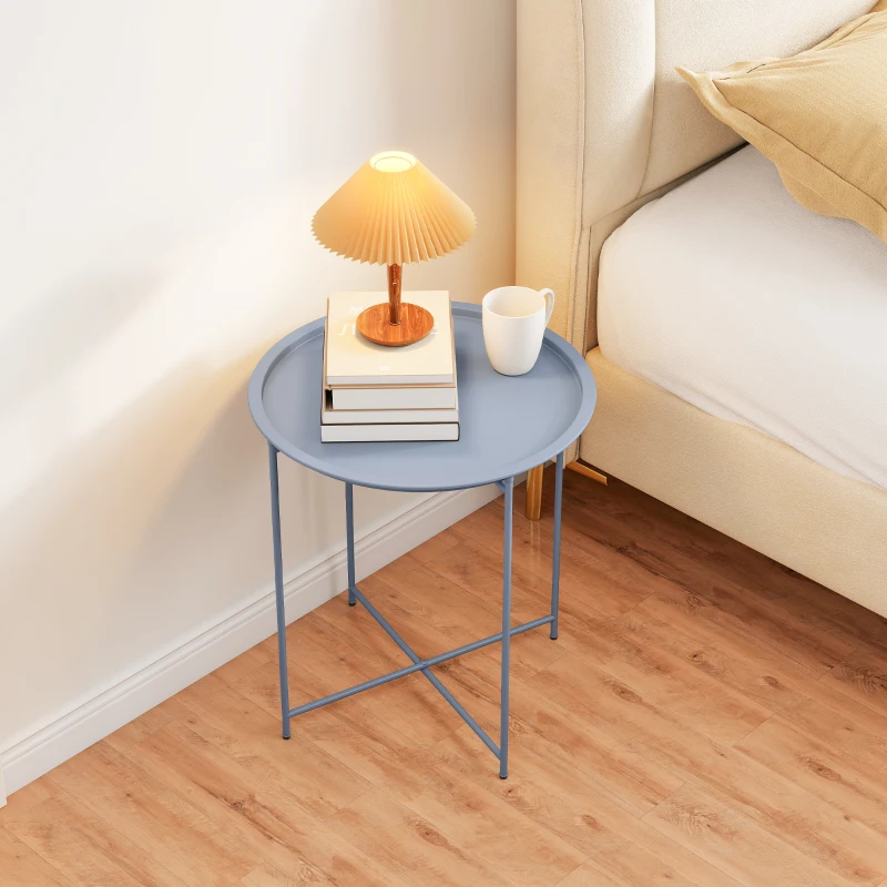 Outsunny Table Basse Ronde Table d'Appoint Plateau Amovible avec Bord Relevé Pieds Pliables en Métal Ø46x53cm Bleu Gris