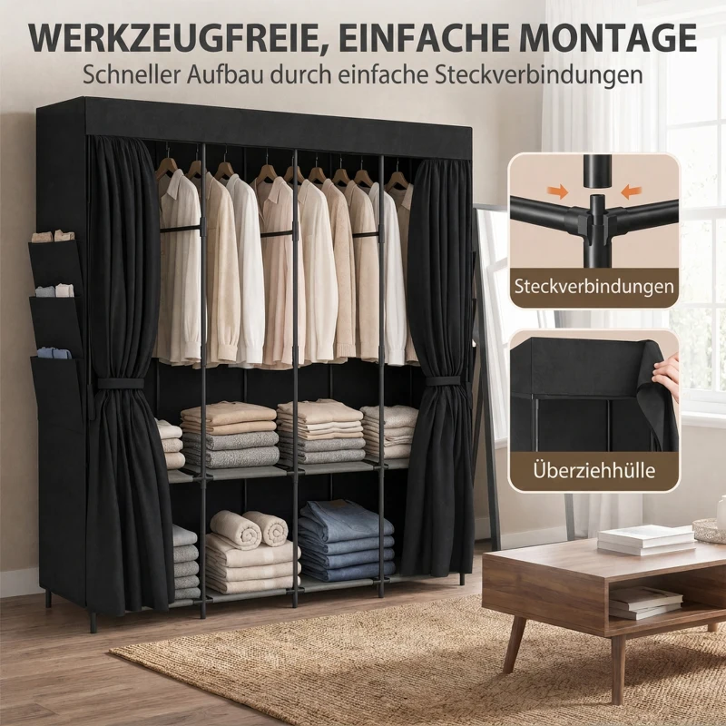 HOMCOM Stoff-Kleiderschrank, staubdicht, tragbar, 5 Kleiderstangen, 170 x 45 x 167 cm, Schwarz
