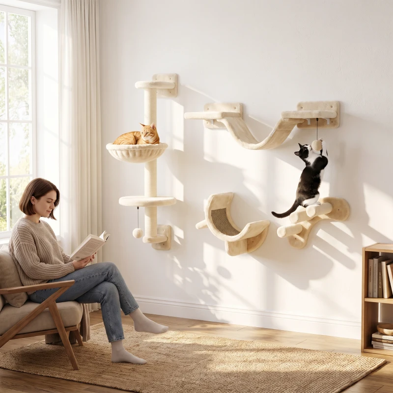 PawHut Four-Piece Cat Wall Furniture, with Hammock, Ladder, Platforms, Steps, for Indoor Use - Beige