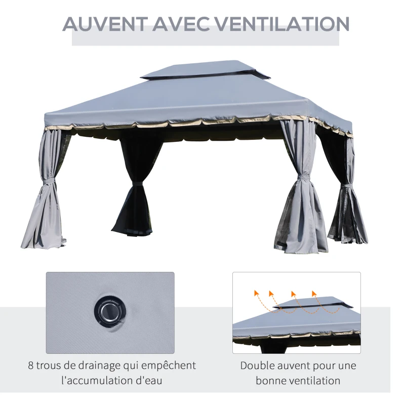 Outsunny Tonnelle de jardin extérieur 3,9 x 2,9 m, barnum avec toit double, rideaux et moustiquaire, tente de réception en aluminium, tonnelle pour terrasse patio mariage baptême, gris(m-5)
