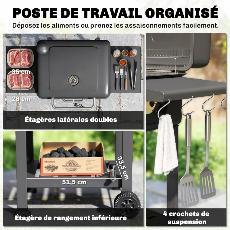 Outsunny Barbecue au charbon avec bac à charbon réglable, chariot grill de jardin fumoir avec tablettes latérales et thermomètre