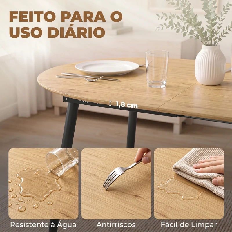 HOMCOM Mesa de Jantar Extensível Oval para 4-6 Pessoas com Pés de Ferro e Bordos Arredondados Carvalho