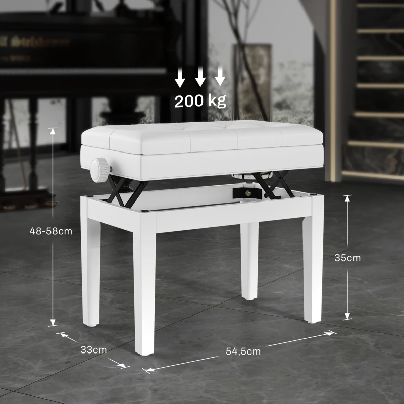 HOMCOM Sgabello Pianoforte con Altezza Regolabile 48-58 cm, Panca Pianoforte con Vano Contenitore e Seduta Imbottita, Carico 200 kg, in Pelle PU, Gambe in Legno di Caucciù, per Tastiera, Bianco