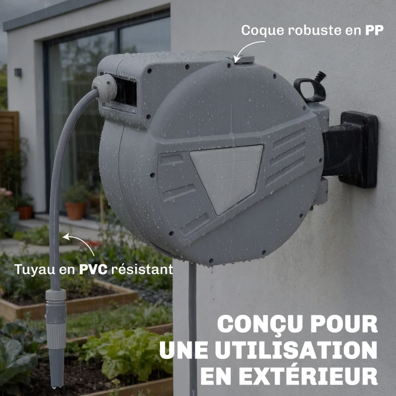 Outsunny Enrouleur Tuyau Arrosage Mural 30+2 m x Ø 15mm, Dévidoir de Tuyaux d'Eau Rétractable Automatique Pivotant à 180°, Gris