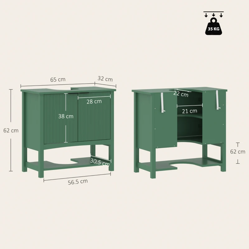 HOMCOM Dulap Sub Lavoar cu 2 Uși, Raft Deschis și Design Modern, 65x32x62 cm, Verde