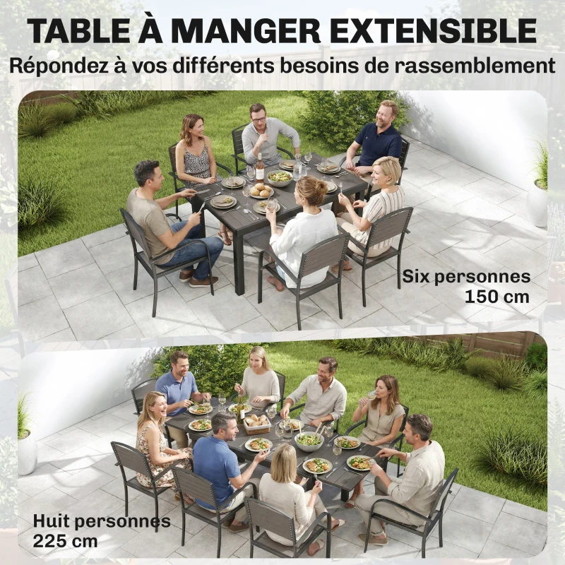 Outsunny Salon de Jardin 8 Personnes Table de Jardin Extensible 150-225cm avec Plateau Polybois et 8 Chaises Empilables Alu. Gris