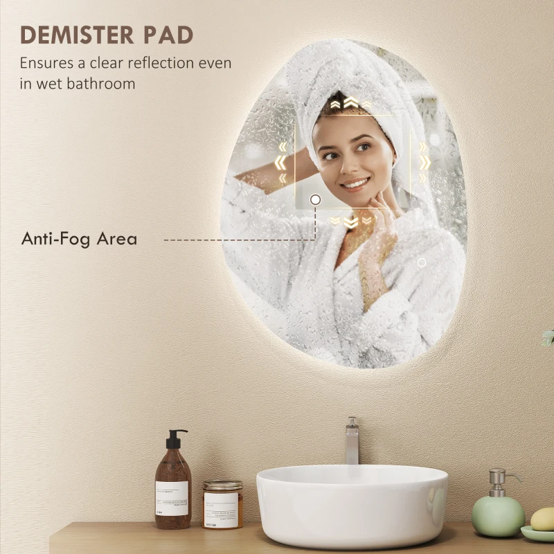 HOMCOM 70x50cm Bathroom Mirror with LED Lights, 3 Colours Dimmable, Anti-Fog, Memory & Touch Switch, IP44