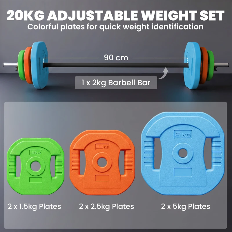 SPORTNOW 20 kg Adjustable Barbell Weights Set, Barbell Bar with Weight Plates, Non-slip Handle, Multicolour