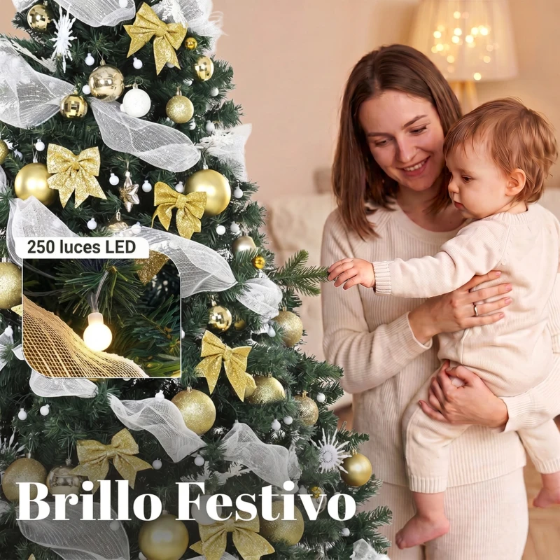 HOMCOM Árbol de Navidad 230 cm con 250 LED 1136 Ramas 8 Modos Bolas Cintas y Lazos Mando a Distancia y Base Plegable Verde