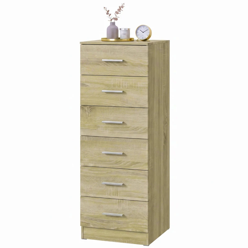 HOMCOM Commode 6 Tiroirs, Meuble de Rangement, Style Moderne, pour Chambre à Coucher, Entrée, Couloir, 40x40x110cm, Chêne