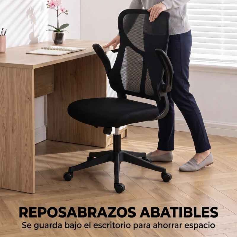 HOMCOM Silla de Escritorio Giratoria de Malla Reposabrazos Abatibles Respaldo Alto Función de Balanceo Altura Ajustable Negro